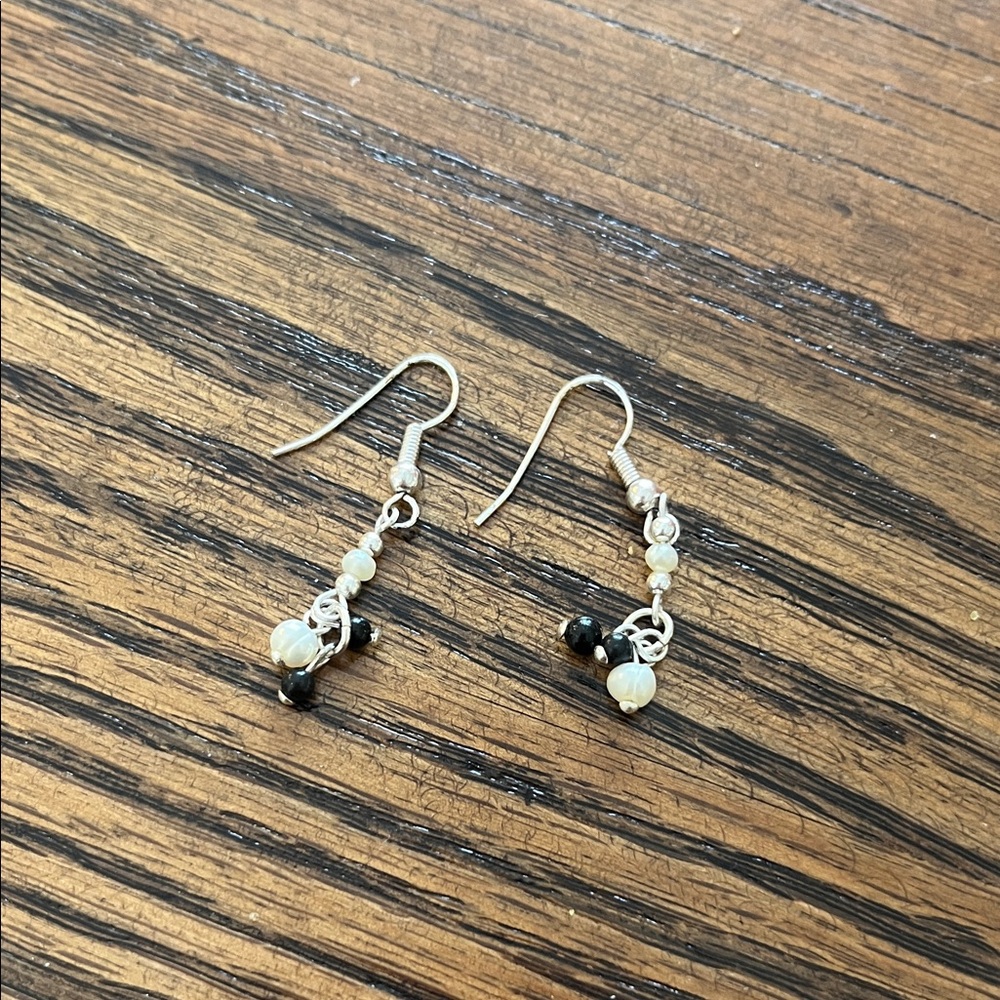 Elegant faux Pearl and Black Bead Earrings
